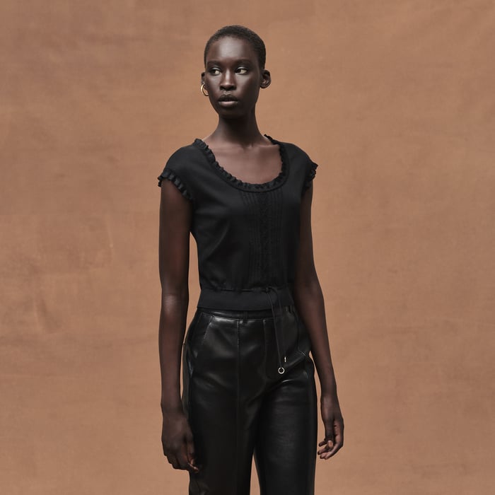 Noir Short-sleeve Sweater With Ruffled Details