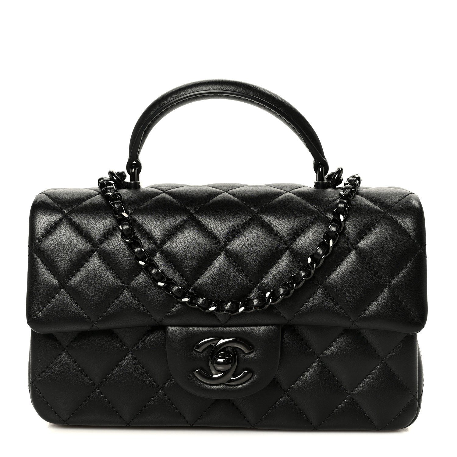 Chanel Lambskin Quilted Mini Top Handle Rectangular Flap So Black