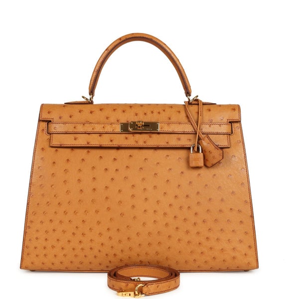 Hermes Pre-owned Hermes Kelly Sellier 35 Cognac Ostrich Gold Hardware