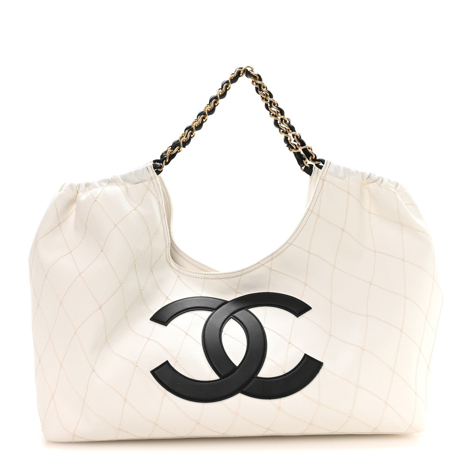 Chanel Denim Calfskin Quilted Coco Beach Small Shopping Tote White Black