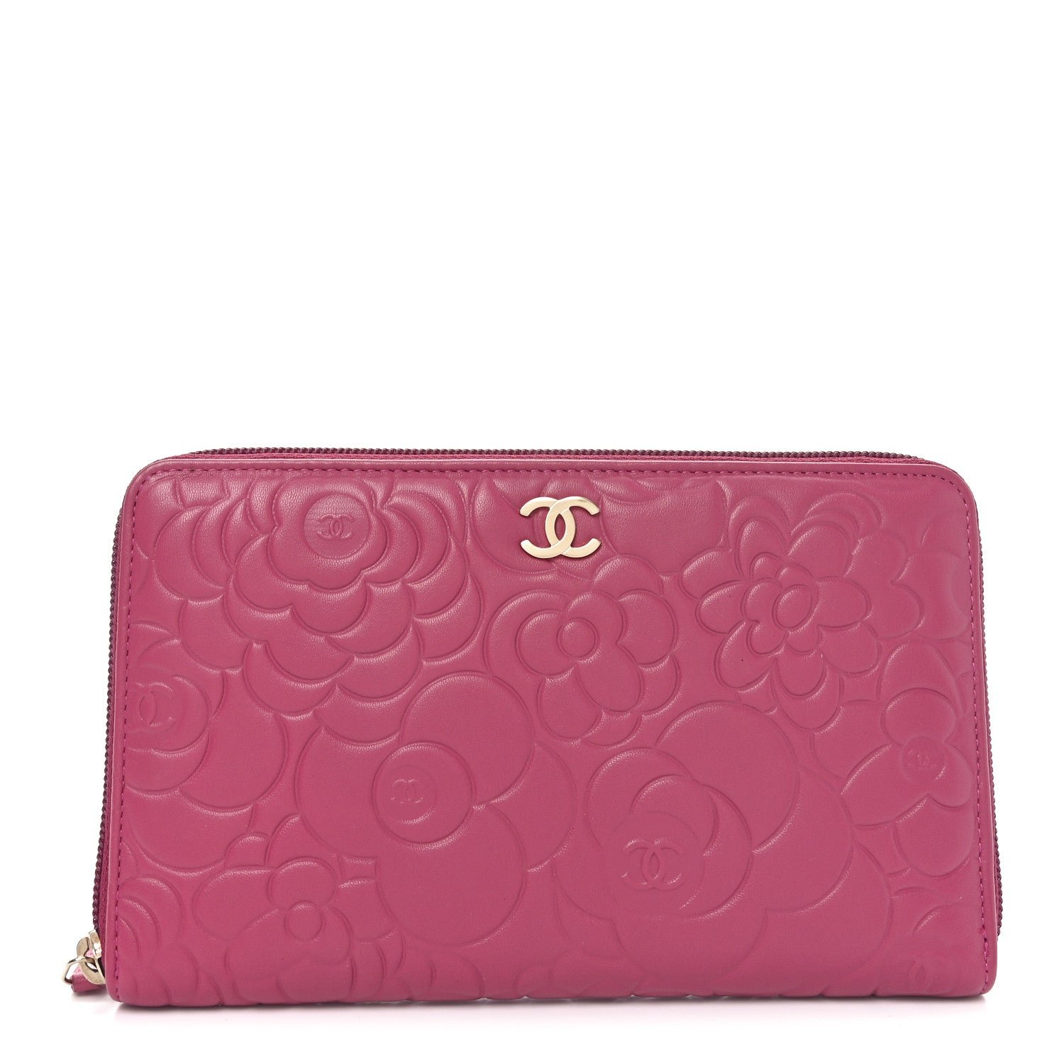 Chanel Lambskin Camellia Embossed Zip Around Organizer Wallet Fuchsia