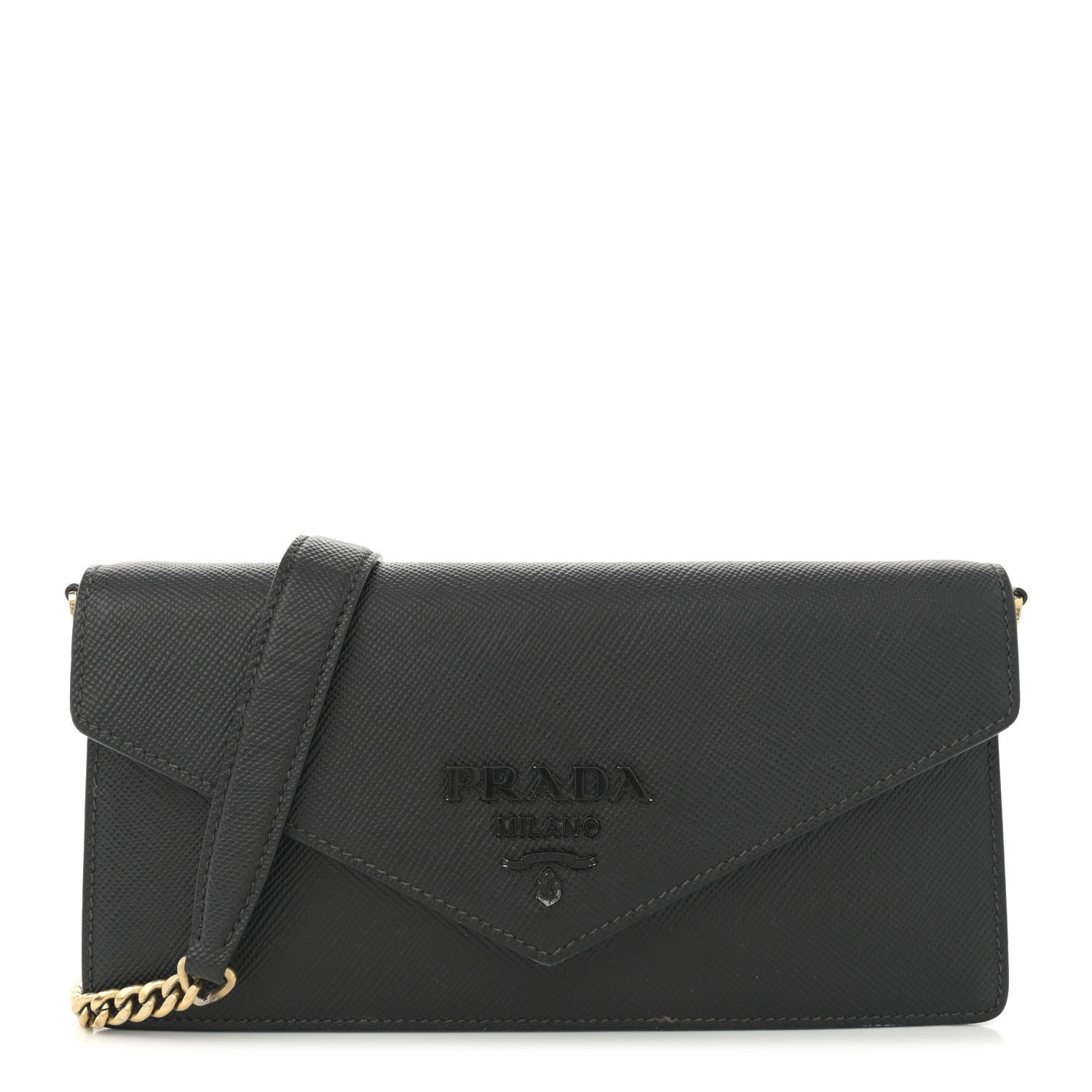 Prada Saffiano Cuir Calfskin Monochrome Envelope Wallet on Chain Shoulder Bag Black