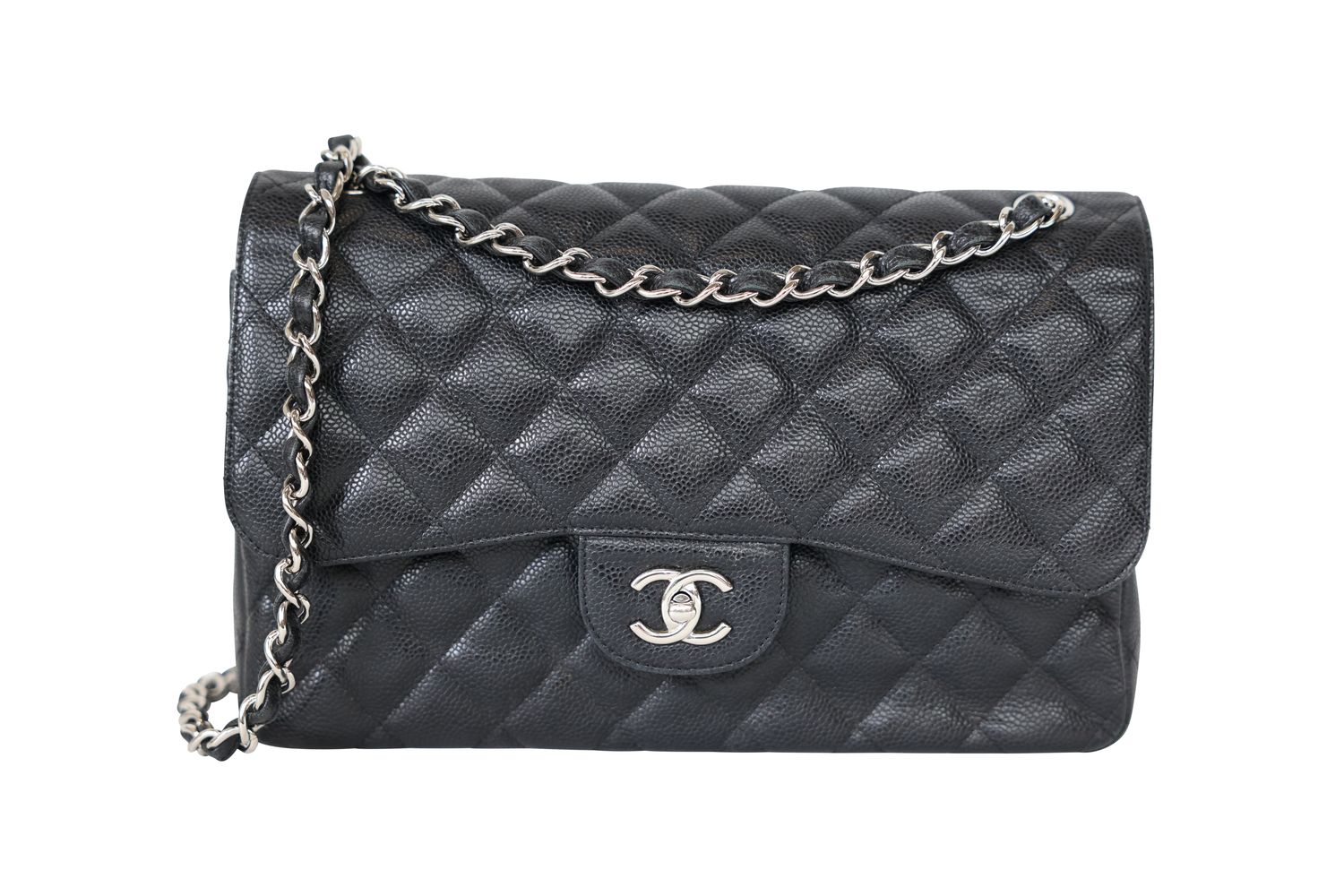 Chanel Classic Jumbo Bag, Black Quilted Caviar Leather and Silver Hardware, Preowned in Dustbag WA001