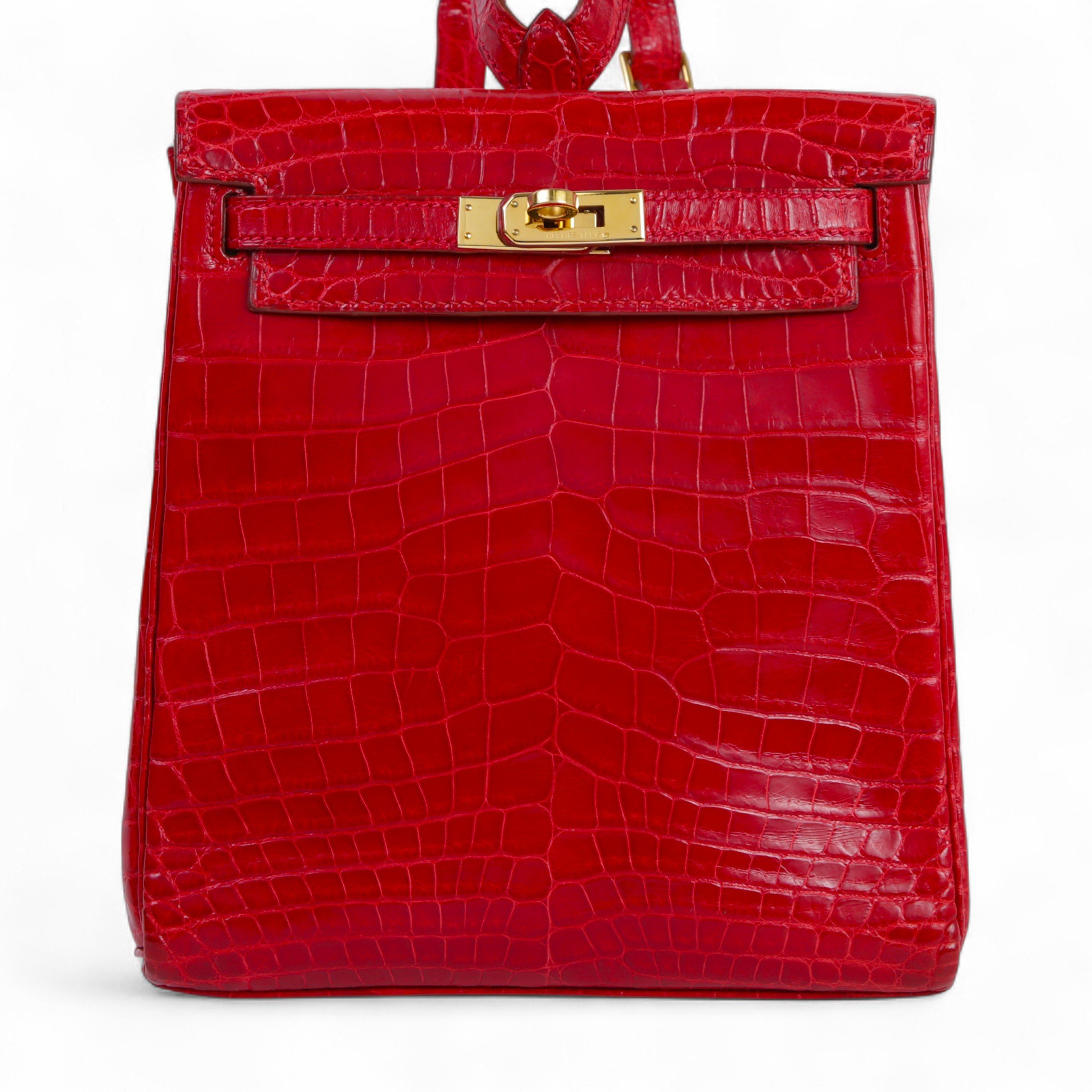 Good ( Rank AB) HERMÈS Kelly Ado PM Braise (95) Shiny Niloticus Crocodile Gold hardware Square A (1997)