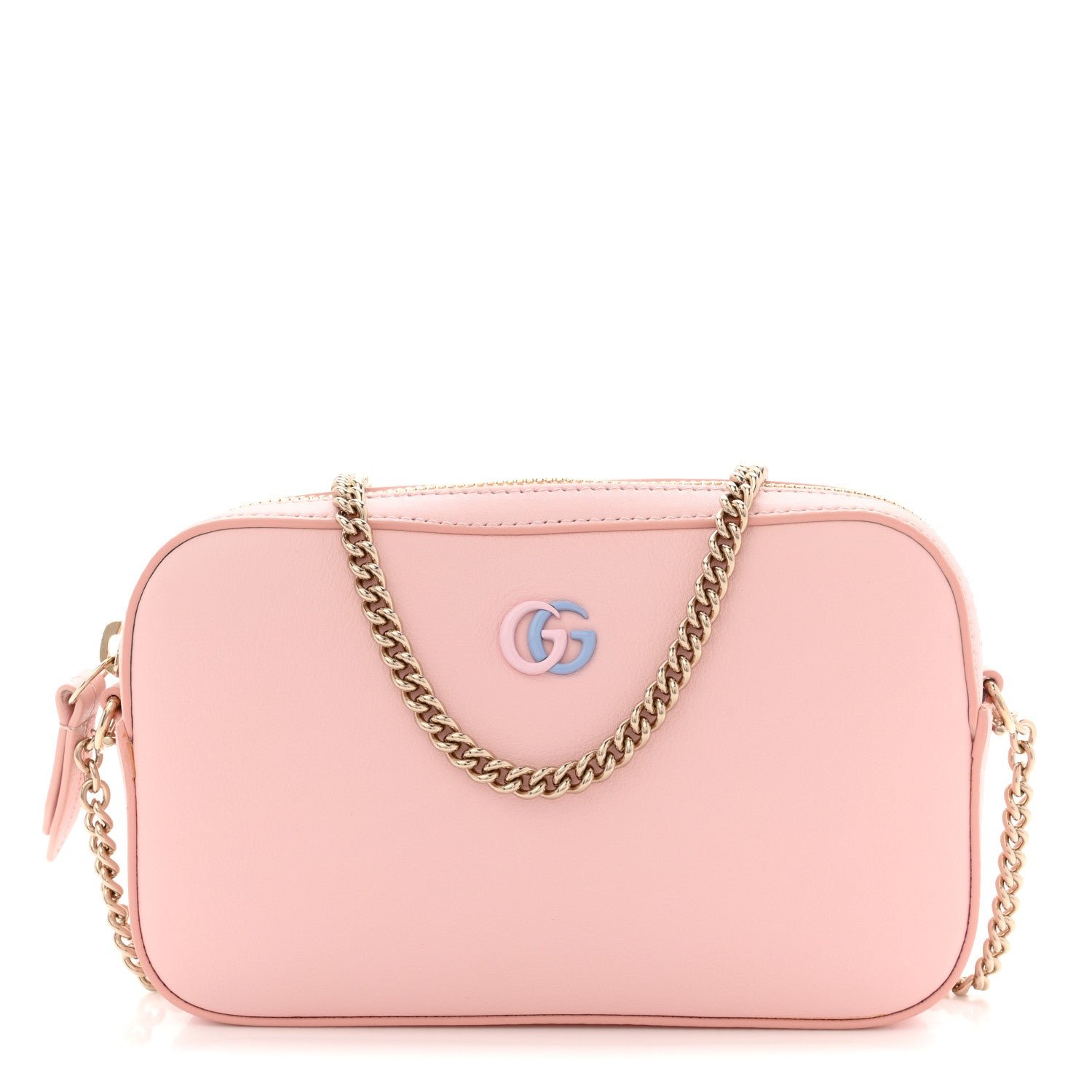 Gucci Dollar Calfskin Enamel Super Mini GG Marmont Chain Shoulder Bag Light Pink Blue