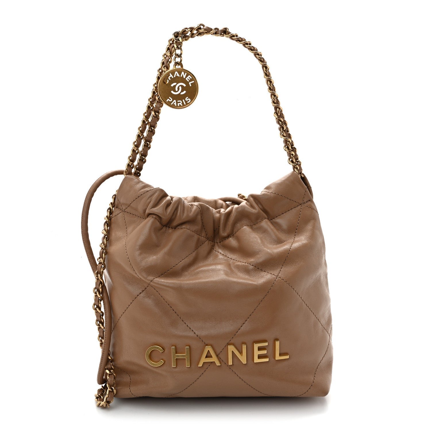 Chanel Shiny Calfskin Quilted Mini Chanel 22 Dark Beige
