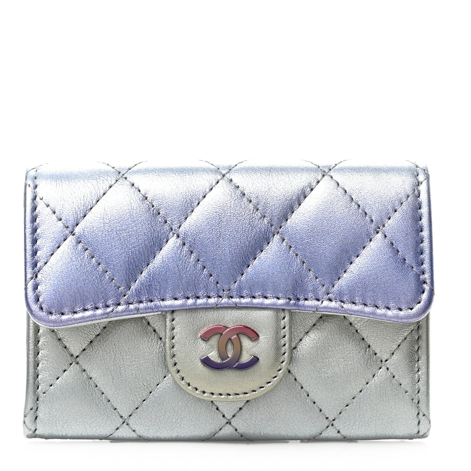 Chanel Gradient Metallic Calfskin Quilted Flap Card Holder Wallet Silver Blue Yellow Purple