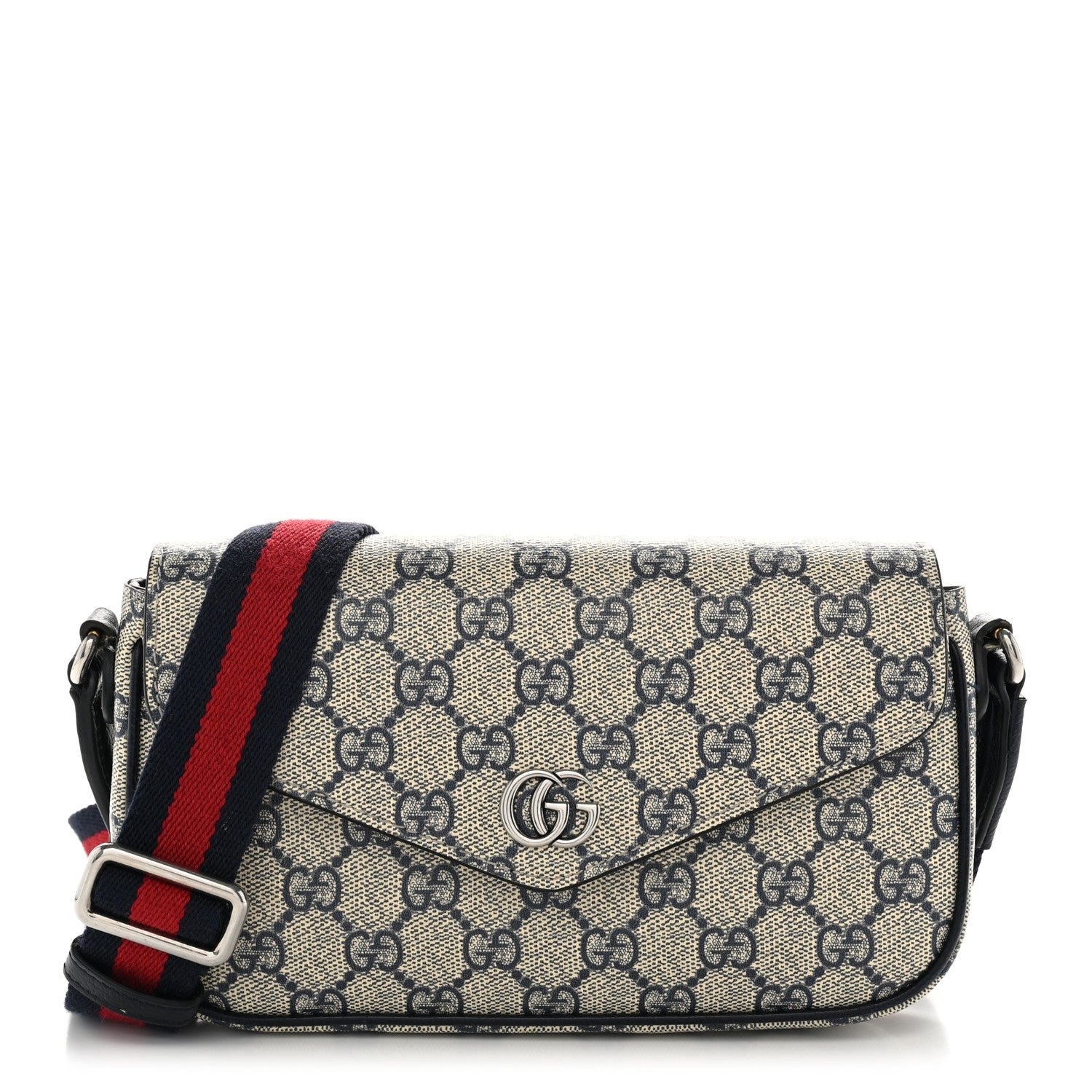 Gucci GG Supreme Monogram Textured Dollar Calfskin Web Mini Ophidia Envelope Shoulder Bag Beige Blue