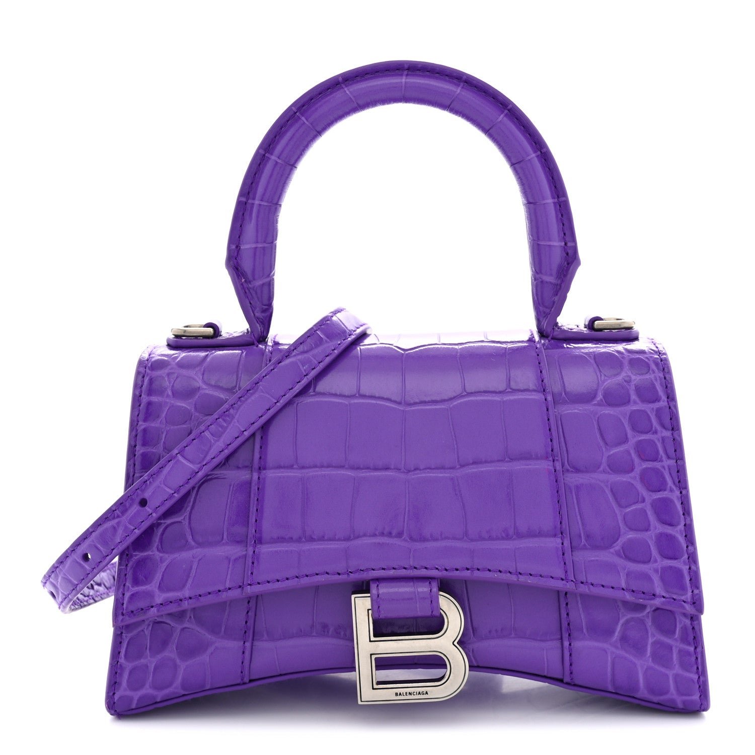 Balenciaga Shiny Calfskin Crocodile Embossed Hourglass Top Handle Bag XS Viola