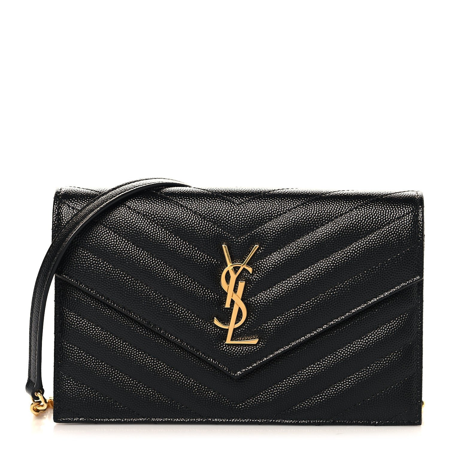 Saint Laurent Grain De Poudre Matelasse Chevron Monogram Envelope Chain Wallet Black
