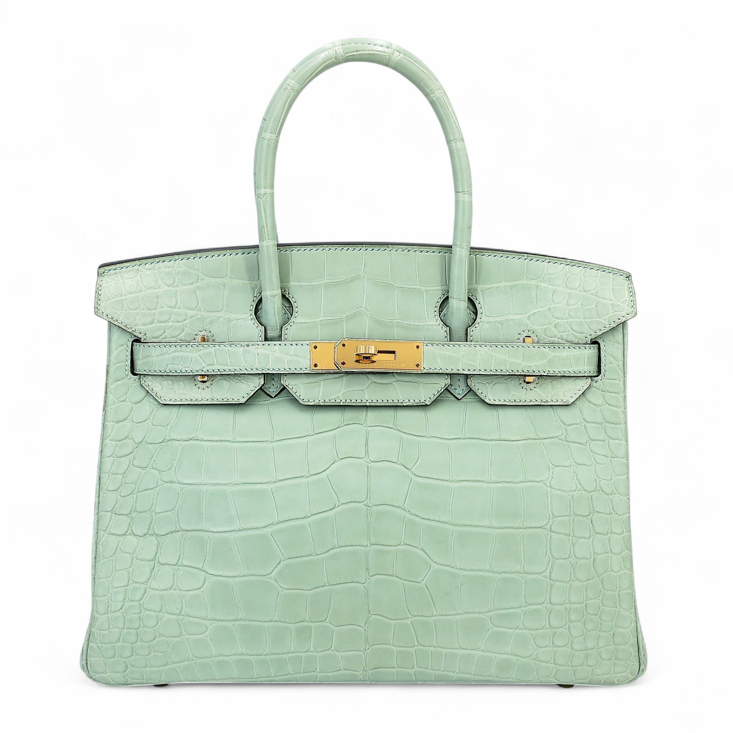 Excellent ( Rank SA ) HERMÈS Birkin 30 Vert d’Eau (6U) Matte Alligator Gold hardware C (2018)