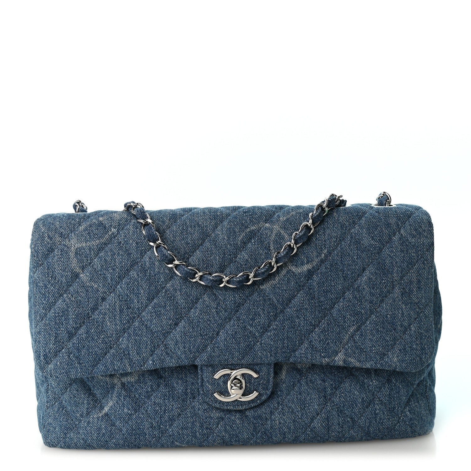 Chanel Denim Quilted CC Print Jumbo Single Flap Blue