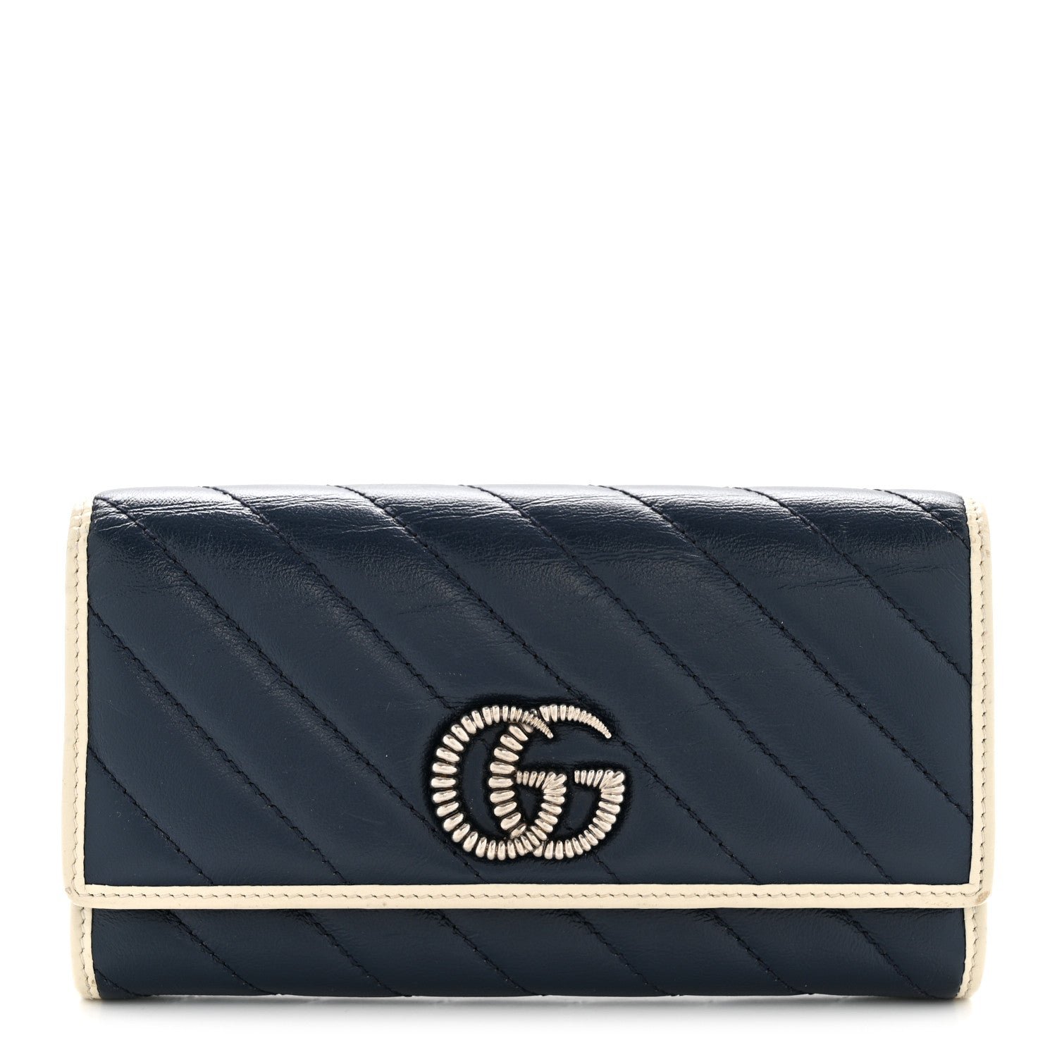 Gucci Vintage Effect Calfskin Matelasse Diagonal Torchon GG Marmont Continental Wallet Blue Agata Mystic White