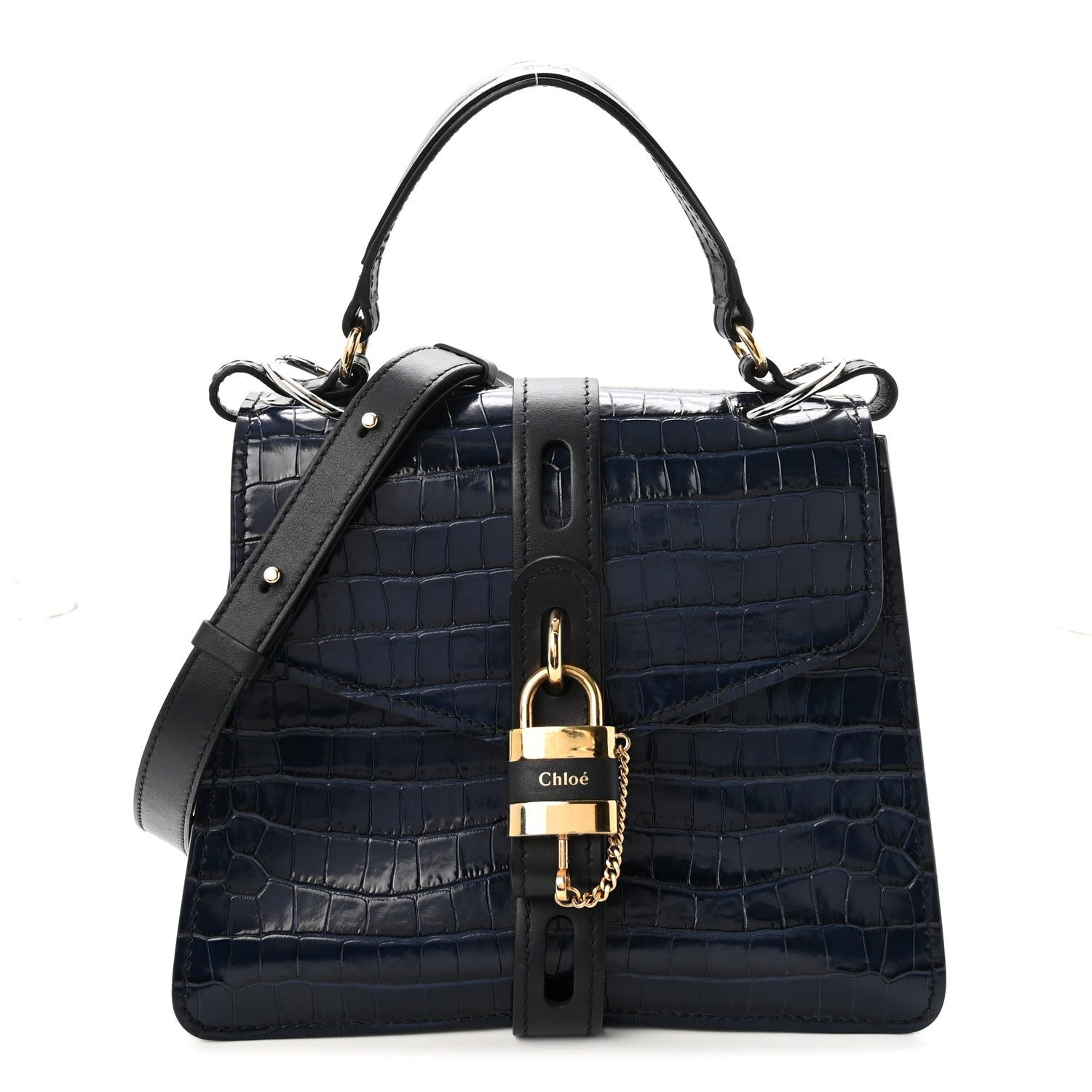 Chloe Calfskin Crocodile Embossed Medium Aby Day Shoulder Bag Full Blue