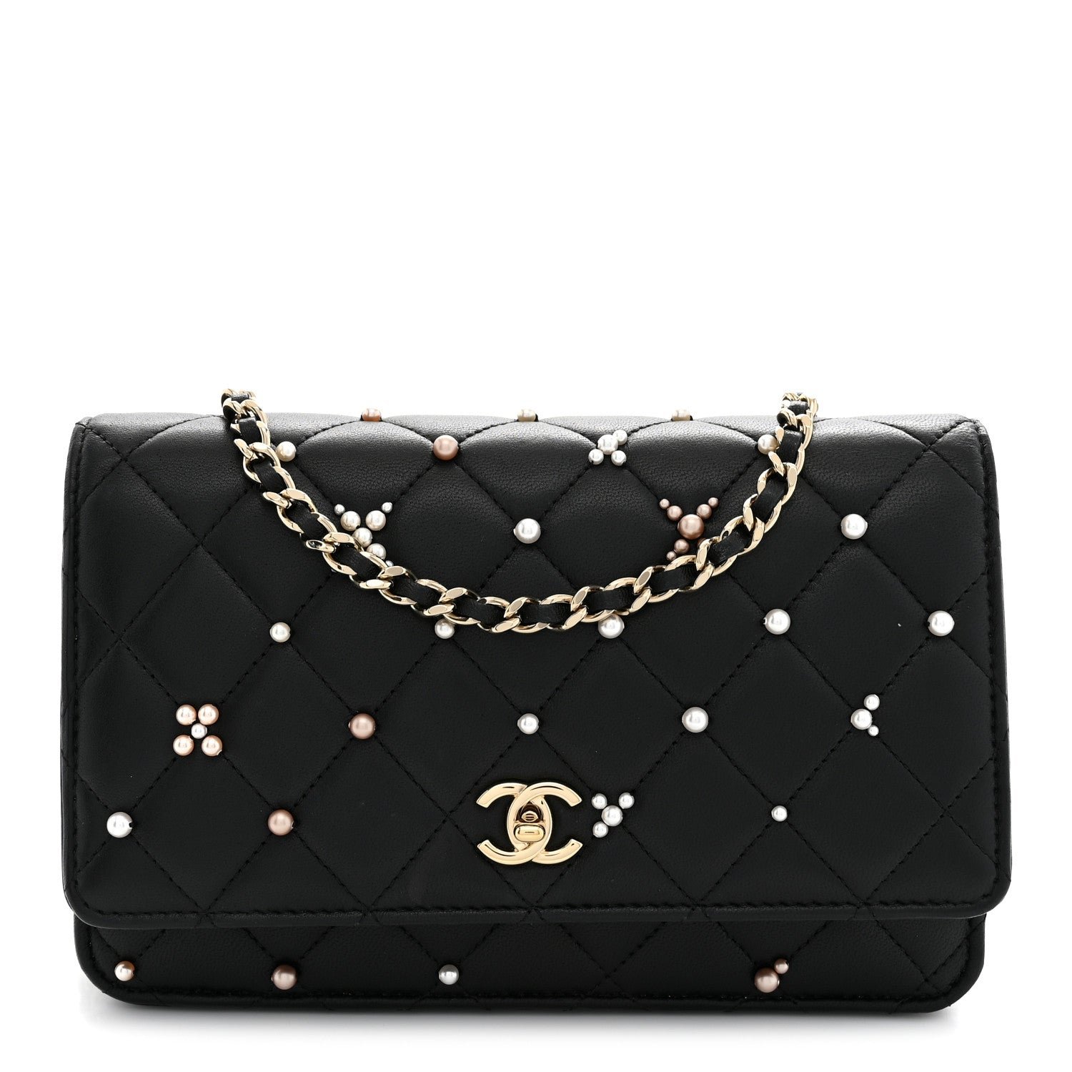Chanel Lambskin Quilted Pearl Wallet On Chain WOC Black