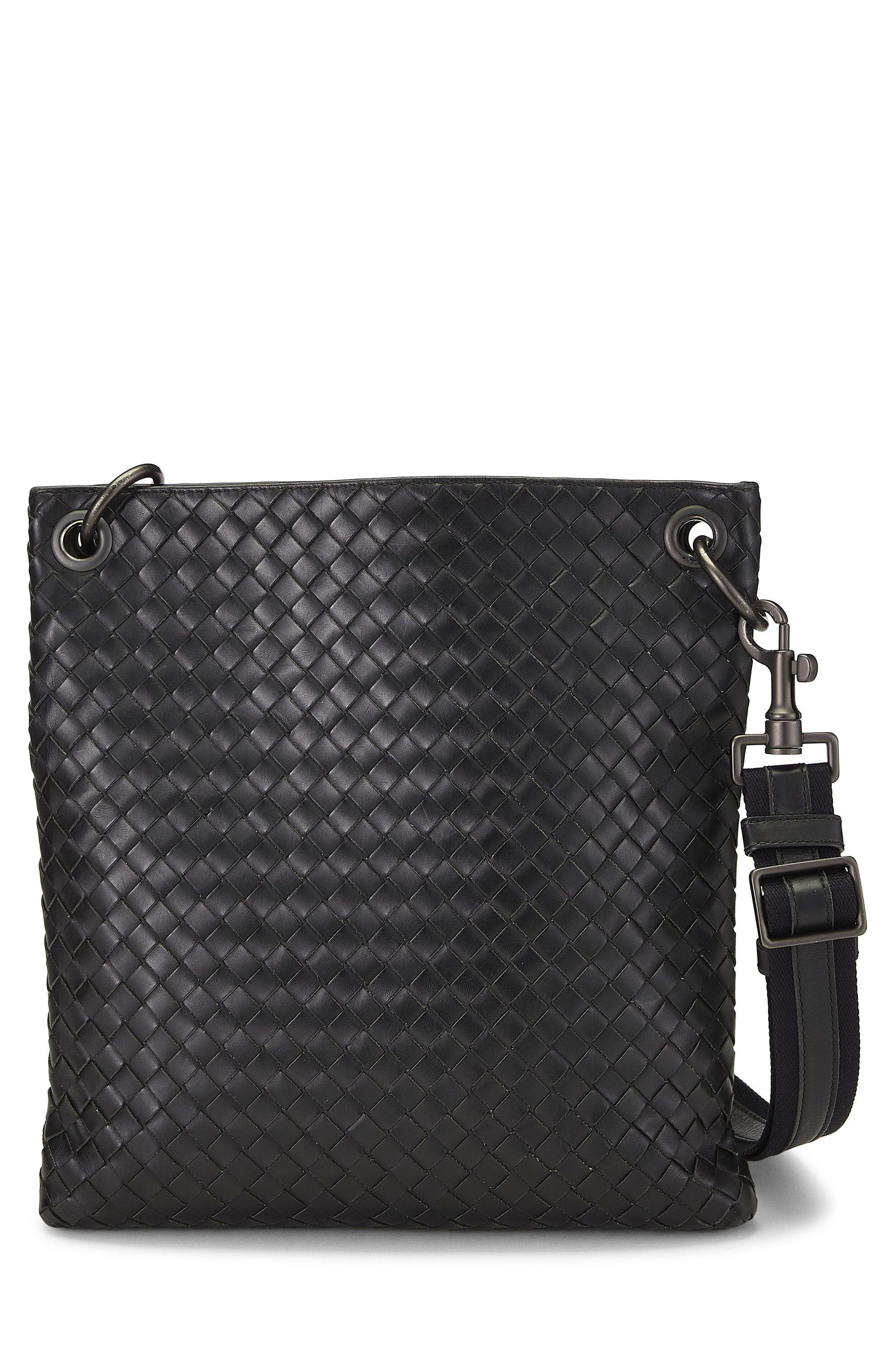 Bottega Veneta Black Intrecciato Flat Messenger Bag