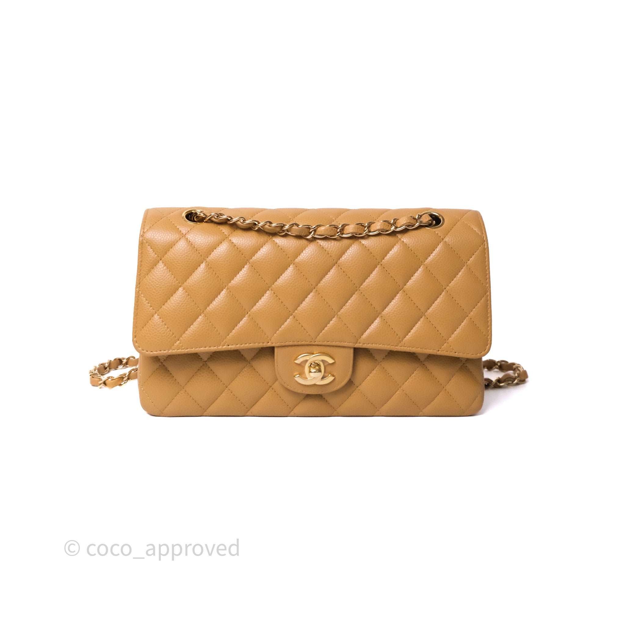 Chanel Classic M/L Medium Flap Quilted Beige Caviar 24K Gold Hardware