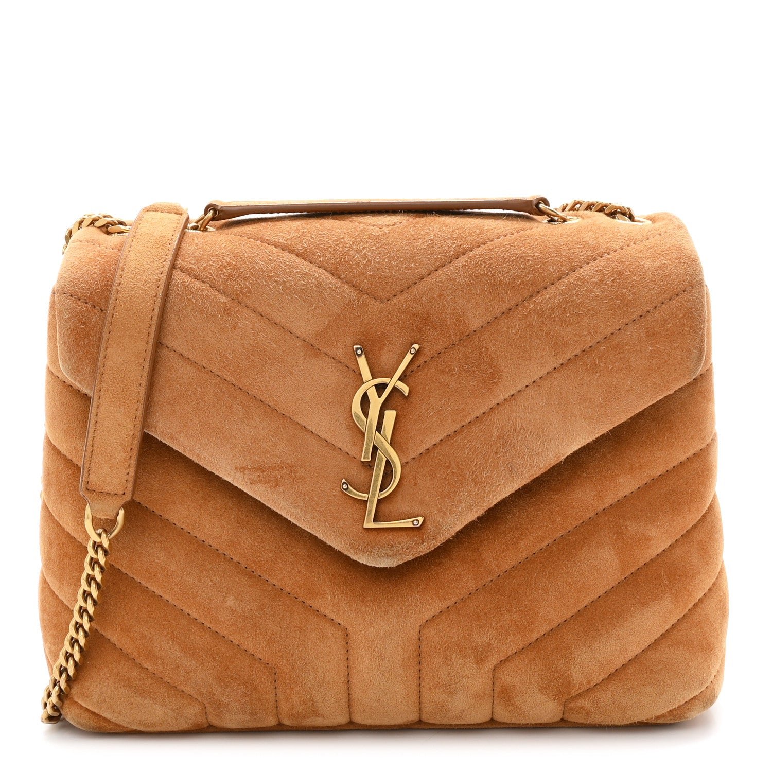 Saint Laurent Suede Calfskin Y Quilted Monogram Small Loulou Chain Satchel Cinnamon