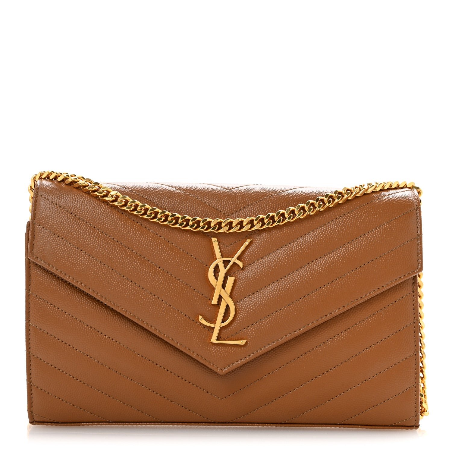 Saint Laurent Grain De Poudre Matelasse Chevron Monogram Chain Wallet Natural Dark