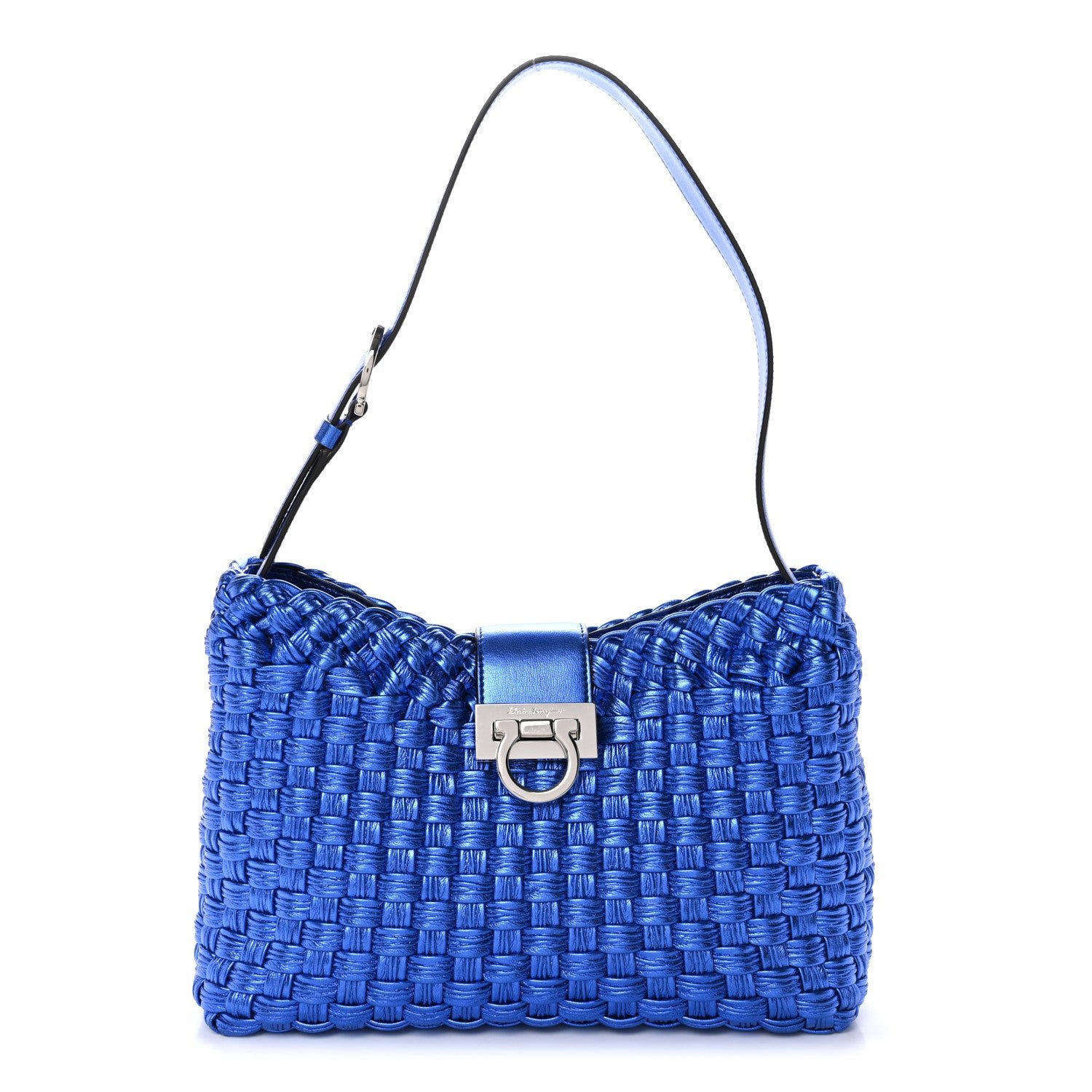 Salvatore Ferragamo Salvatore Ferragamo Metallic Woven Calfskin Trifolio Shoulder Bag Bluette