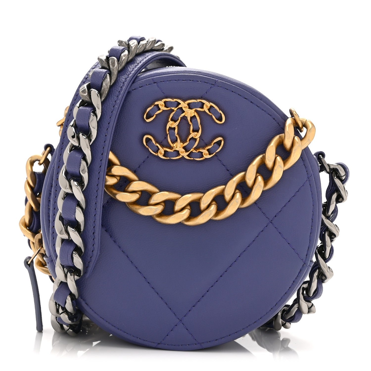 Chanel Lambskin Quilted Chanel 19 Round Clutch With Chain Purple
