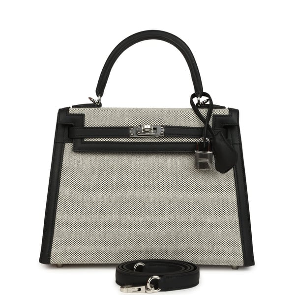 Hermes Hermes Kelly Sellier 25 Ecru & Black Toile H Canvas and Black Swift Palladium Hardware