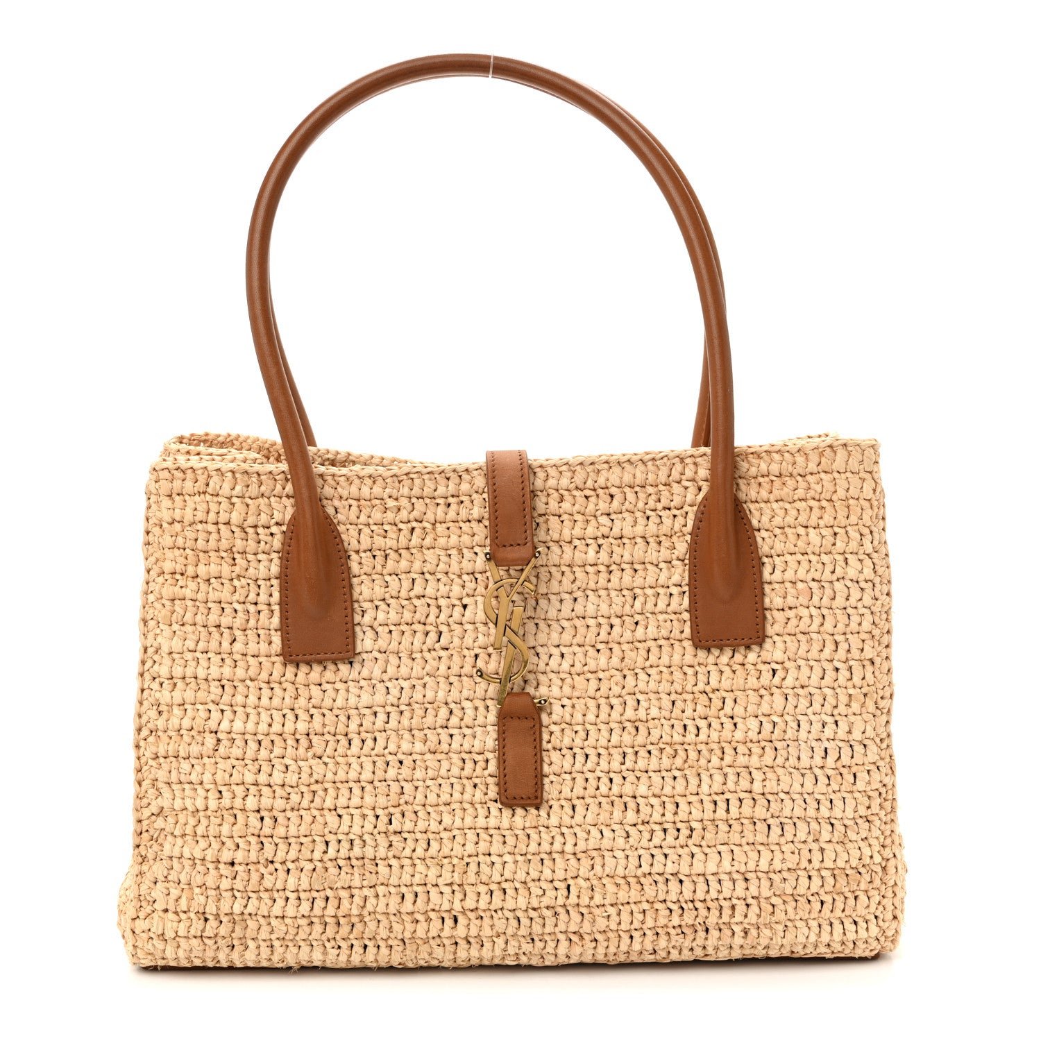 Saint Laurent Raffia Calfskin Panier Rectangle Tote Naturel Brick