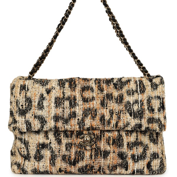 Chanel Maxi Leopard Print "Souplissimo" Large Flap Bag Brown, Black, White Tweed, Mixed Fibers Gold Hardware