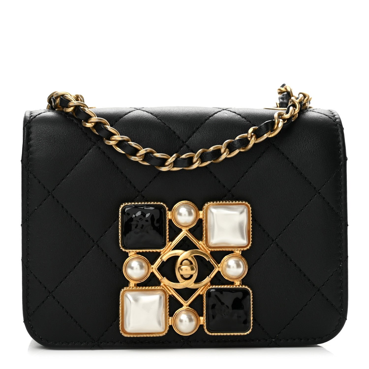 Chanel Calfskin Quilted Crystal Pearl Mini Flap Bag Black