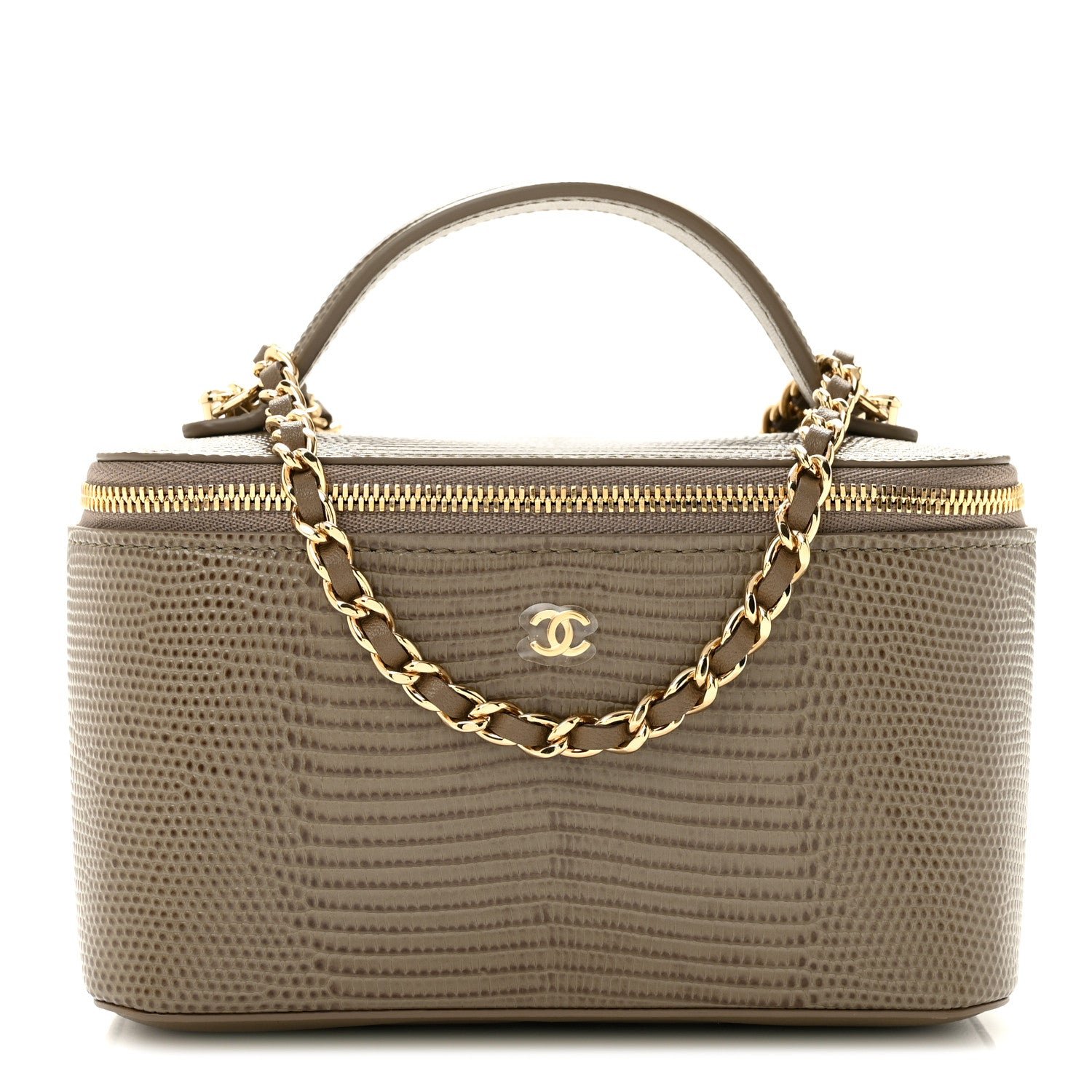 Chanel Calfskin Lizard Embossed Top Handle Vanity With Chain Dark Khaki
