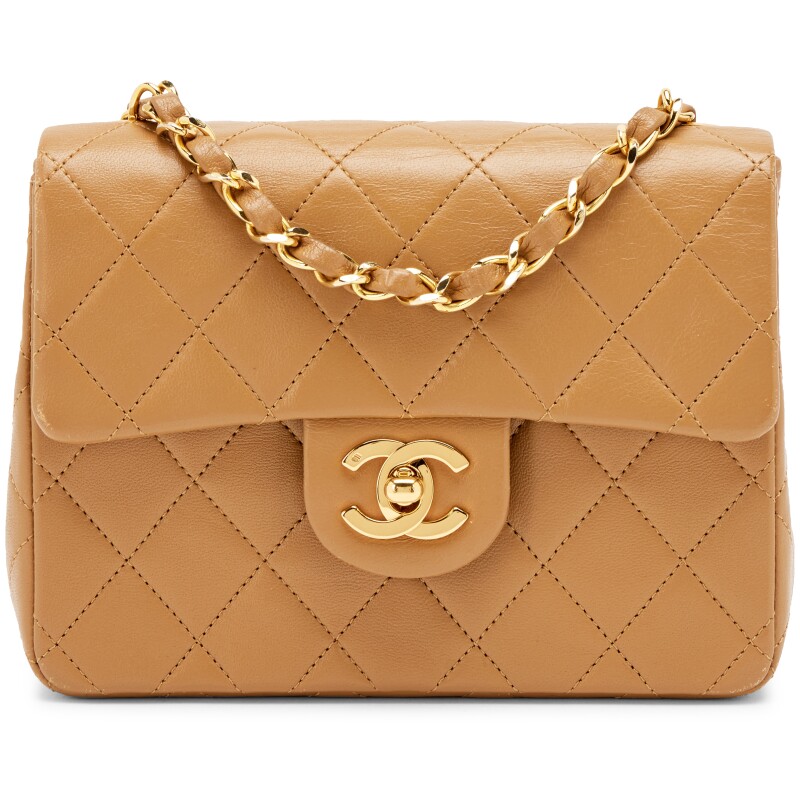 Vintage Camel Beige Quilted Lambskin Mini Square Flap Bag Gold Hardware, 1989-1991