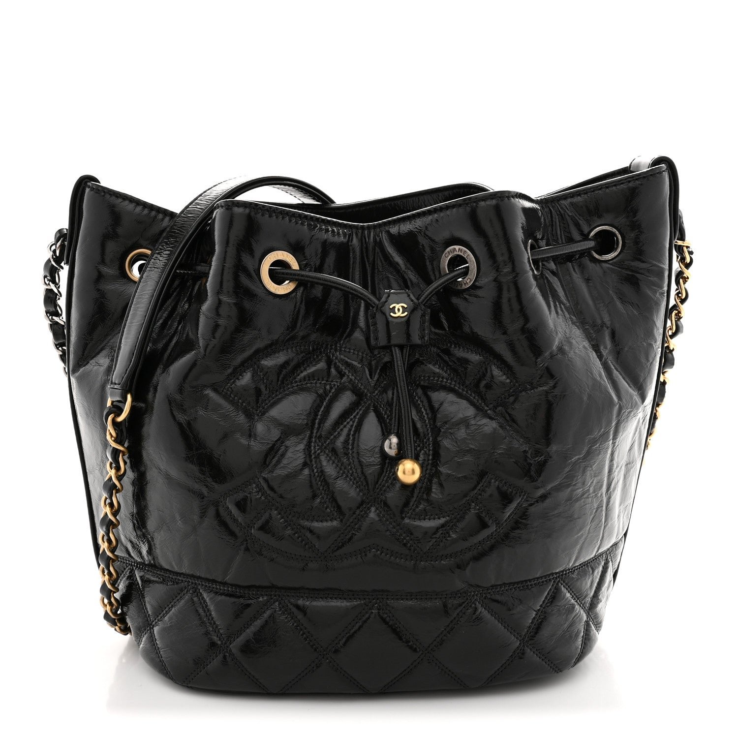 Chanel Shiny Aged Calfskin CC Chain Drawstring Bag Black
