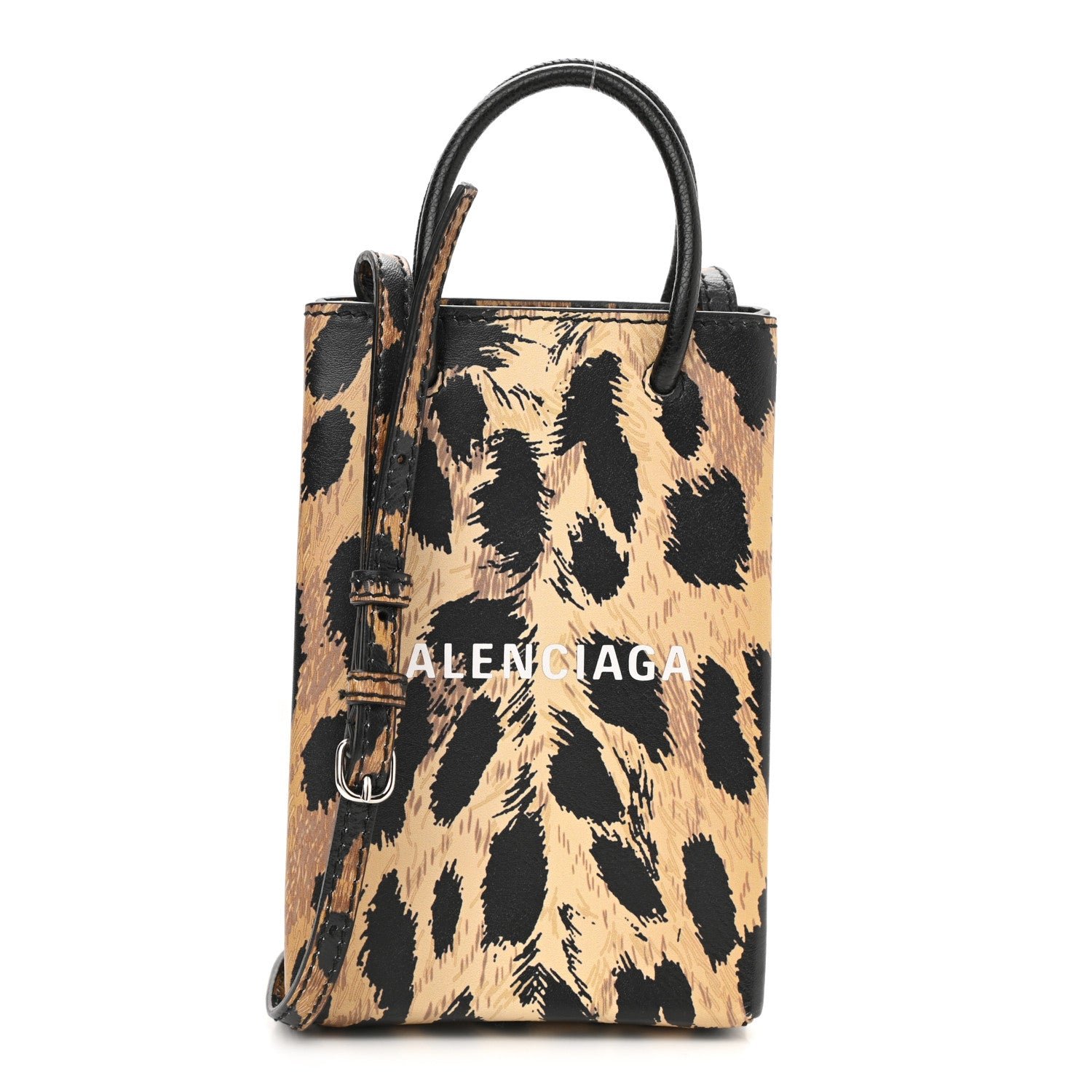 Balenciaga Smooth Calfskin Leopard Print Logo Shopping Phone Holder Bag Beige Black