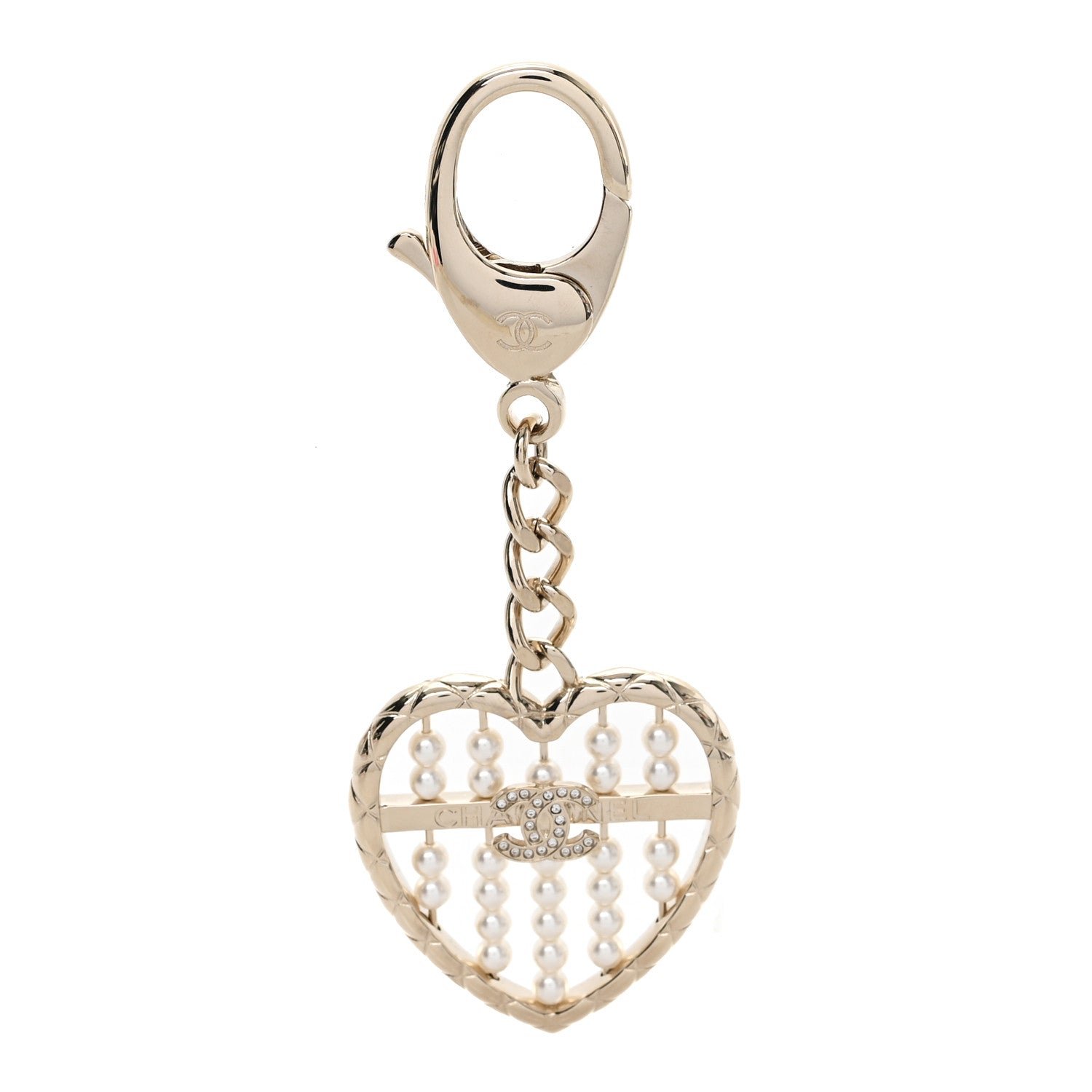 Chanel Pearl Crystal Quilted CC Heart Bag Charm Gold
