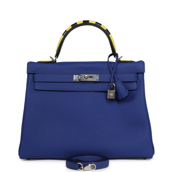 Hermes Hermes "Au Trot" Kelly Retourne 32 Bleu Electric Togo, Lime Chevre, Vert Fonce, Bleu Indigo Box Palladium Hardware
