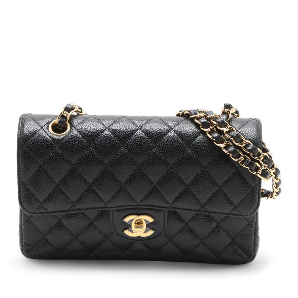 Chanel Matelasse 23 Small Caviar Skin Double Flap Double Chain Bag Black Silver