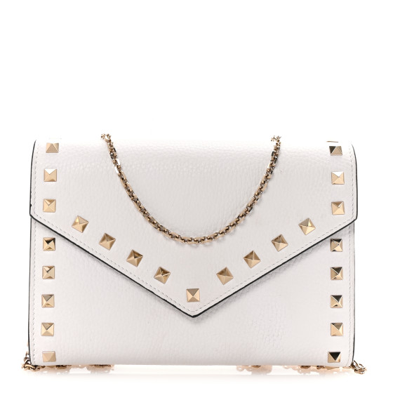 Valentino Garavani Pebbled Calfskin Rockstud Envelope Wallet on Chain White