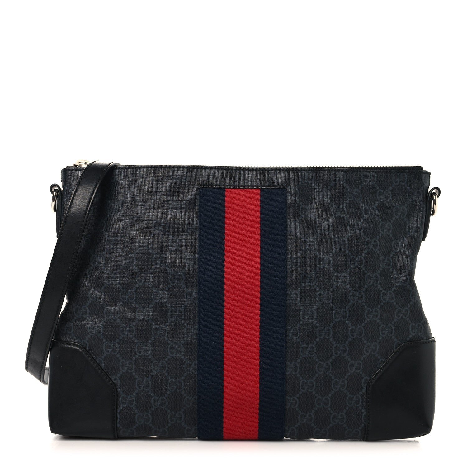 Gucci Soft GG Supreme Monogram Appia Calfskin Web East West Messenger Bag Black Grey