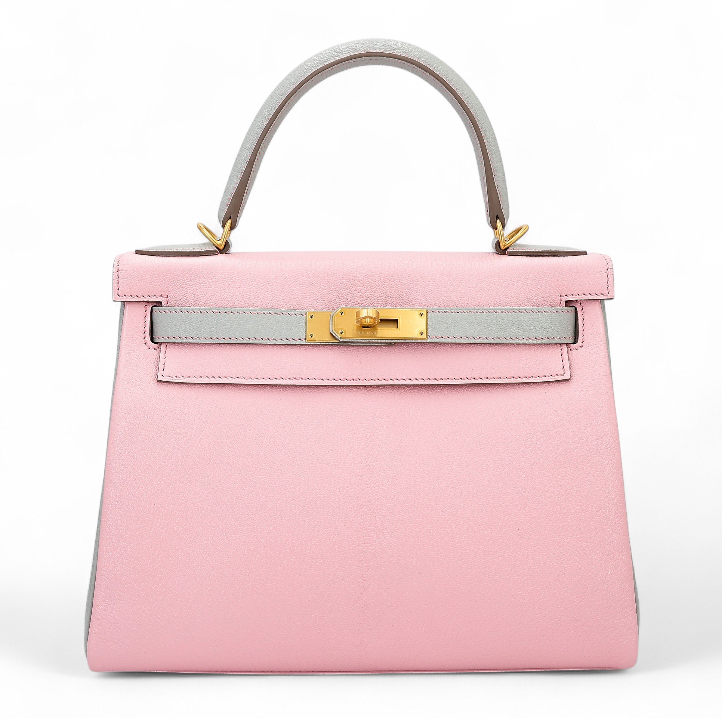 Unused ( Rank NS ) HERMÈS Special Order Kelly 28 HSS Rose Sakura (3Q) Gris Perle (80) Chevre Brushed Gold hardware A (2017)