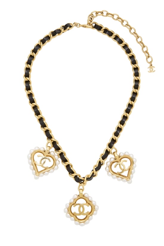 Black & Gold 'CC' Faux Pearl Heart Necklace
