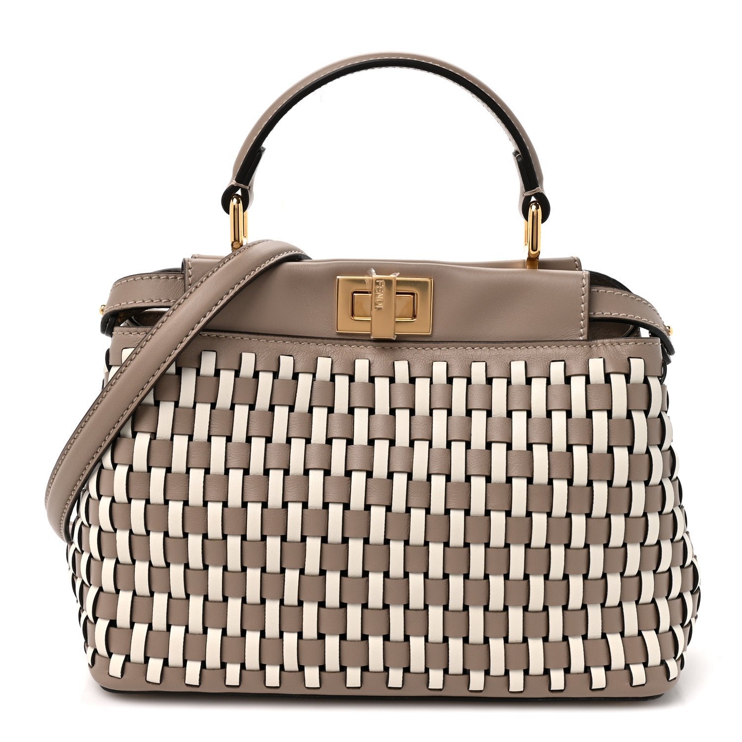 Fendi Calfskin Woven Mini Peekaboo Iconic Satchel Tortora White Ice