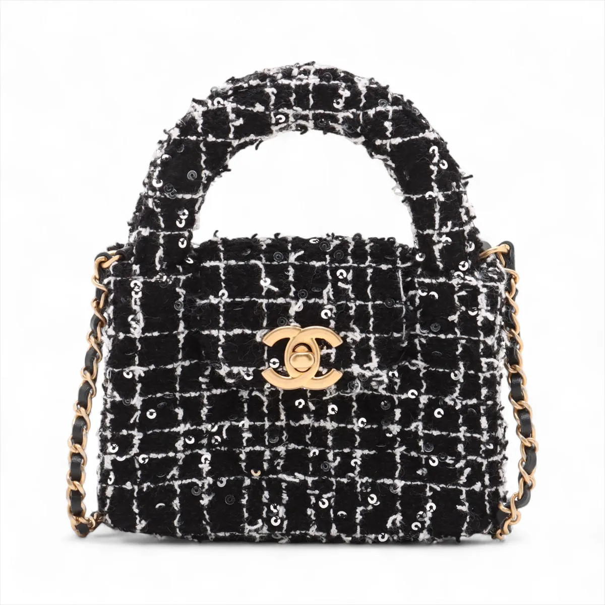 Chanel Matelasse tweed x sequins Chain Shoulder Bag Black Gold Metal Fittings ra