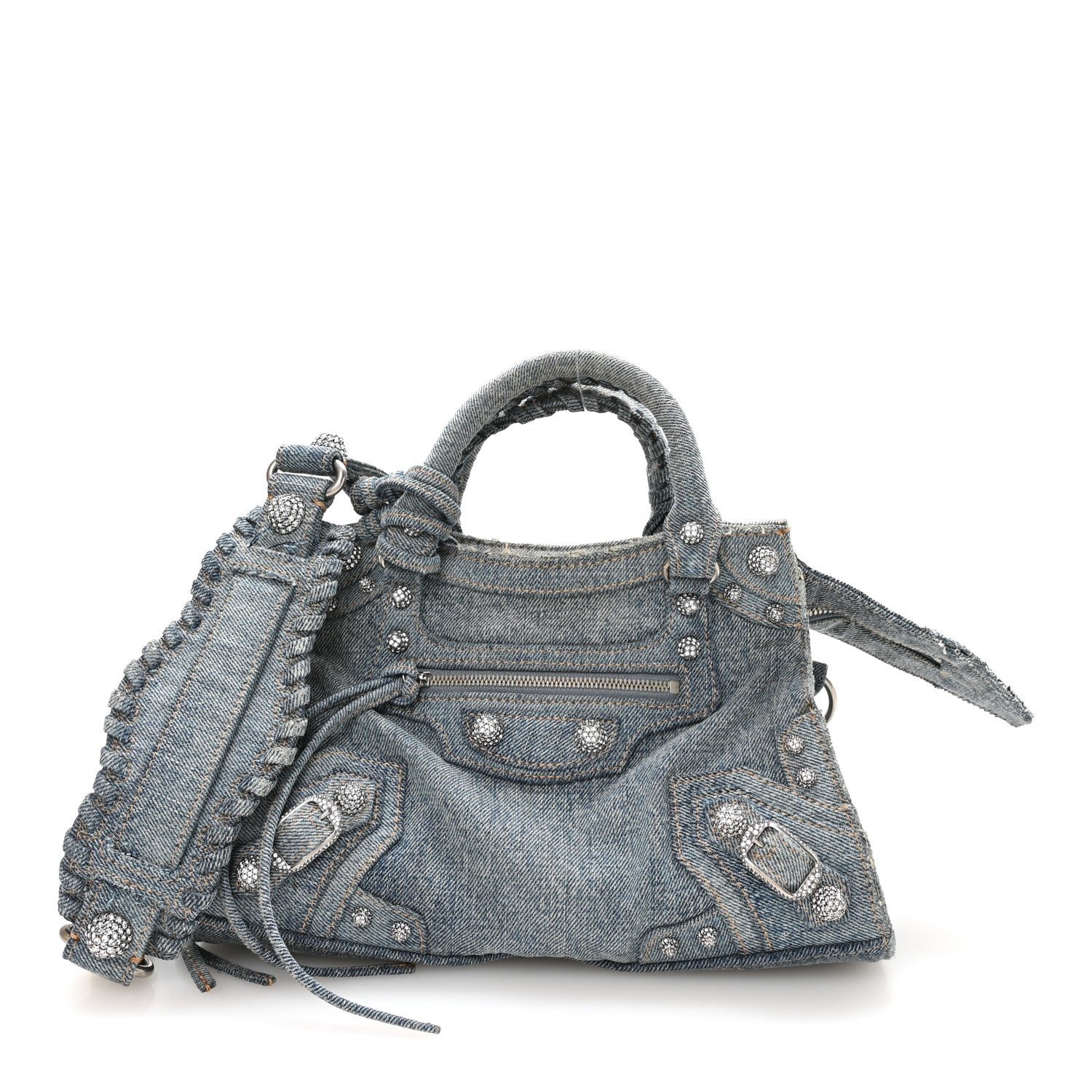 Balenciaga Washed Frayed Denim Crystal Neo Cagole Handbag XS Blue