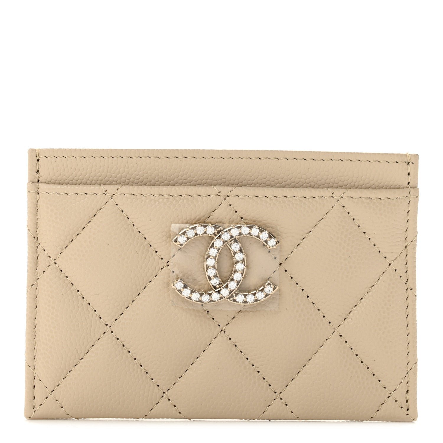 Chanel Caviar Quilted Crystal Card Holder Beige