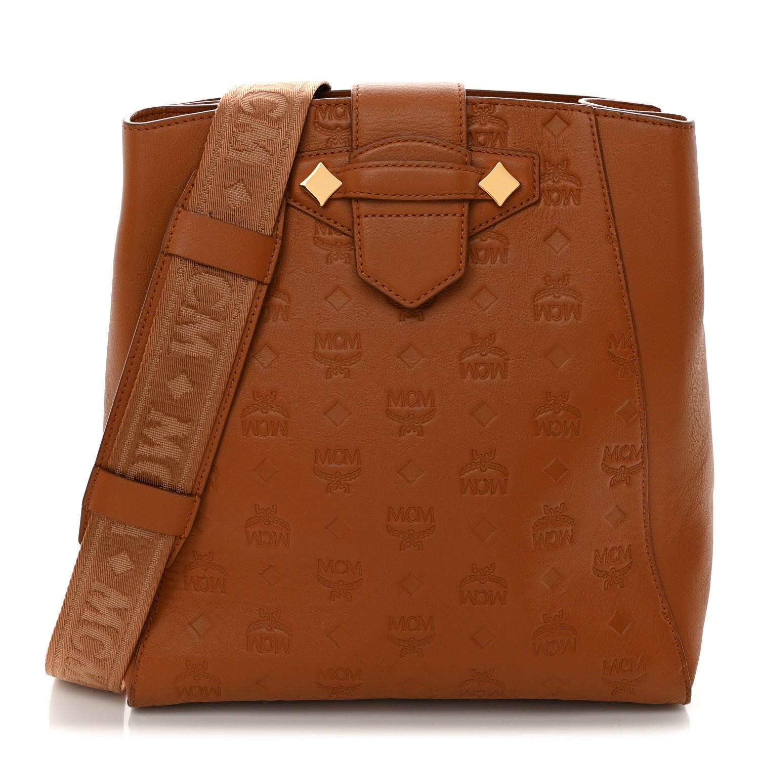 MCM Calfskin Ottomar Monogram Essential Bucket Bag Cognac