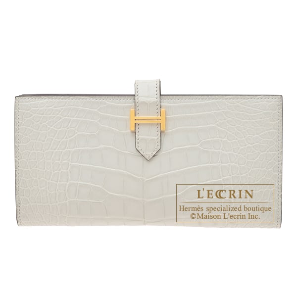 Hermes Bearn Soufflet Gris neve Matt alligator crocodile skin Gold hardware