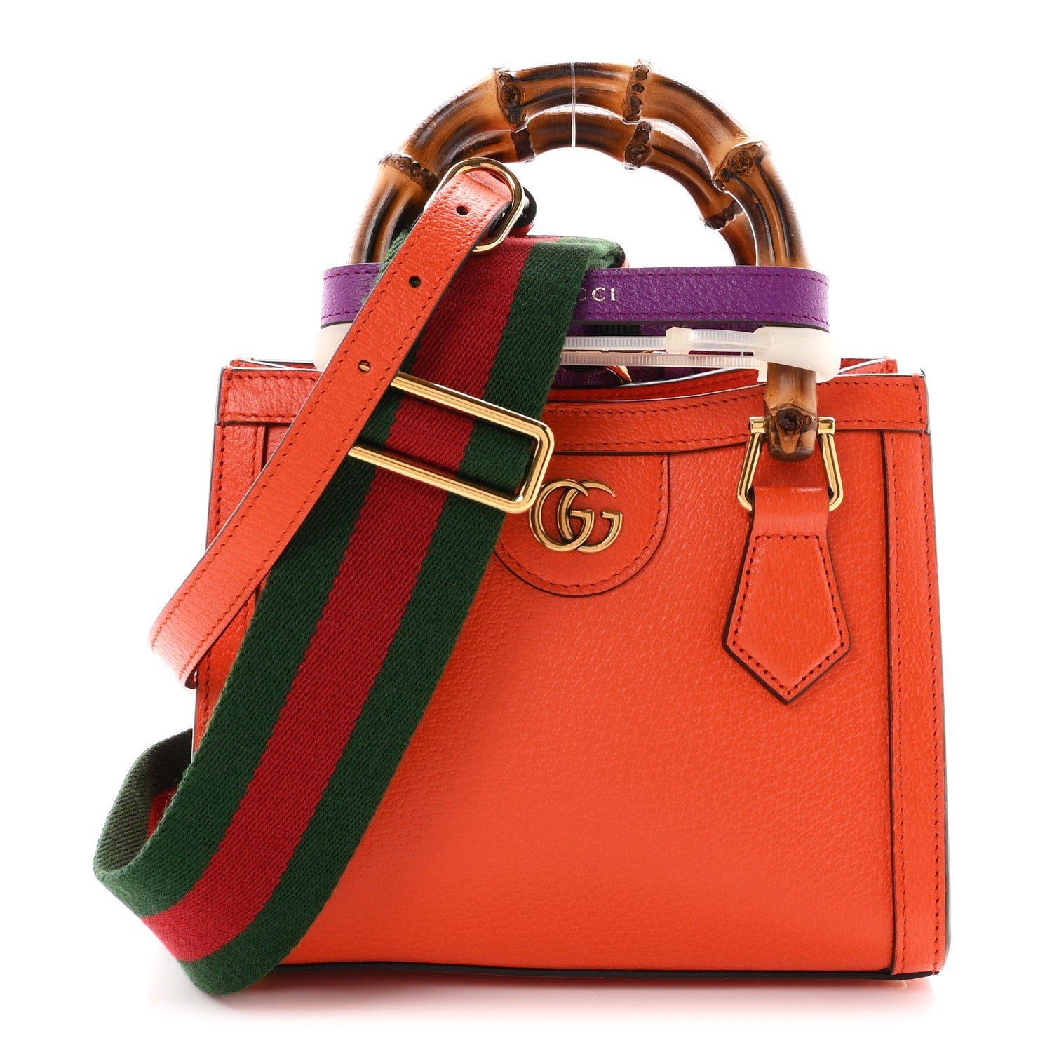 Gucci Textured Dollar Calfskin Web Mini Diana Tote Bag Deep Orange Spicy Cyclamin
