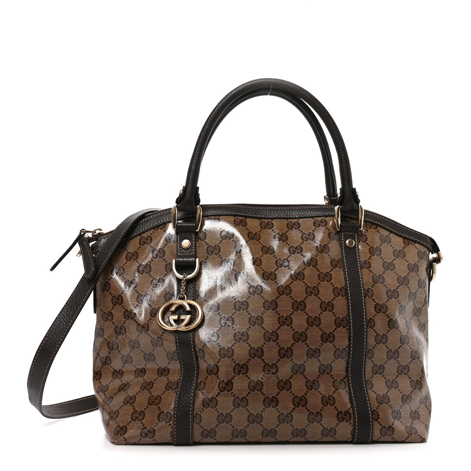 Gucci Crystal Monogram Medium GG Charm Dome Satchel Dark Brown