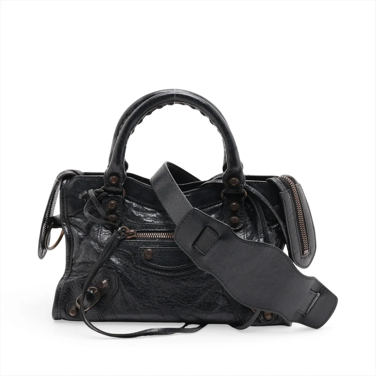Balenciaga Classic Mini City 300295 Leather 2 Way Handbag Black Mirror Included