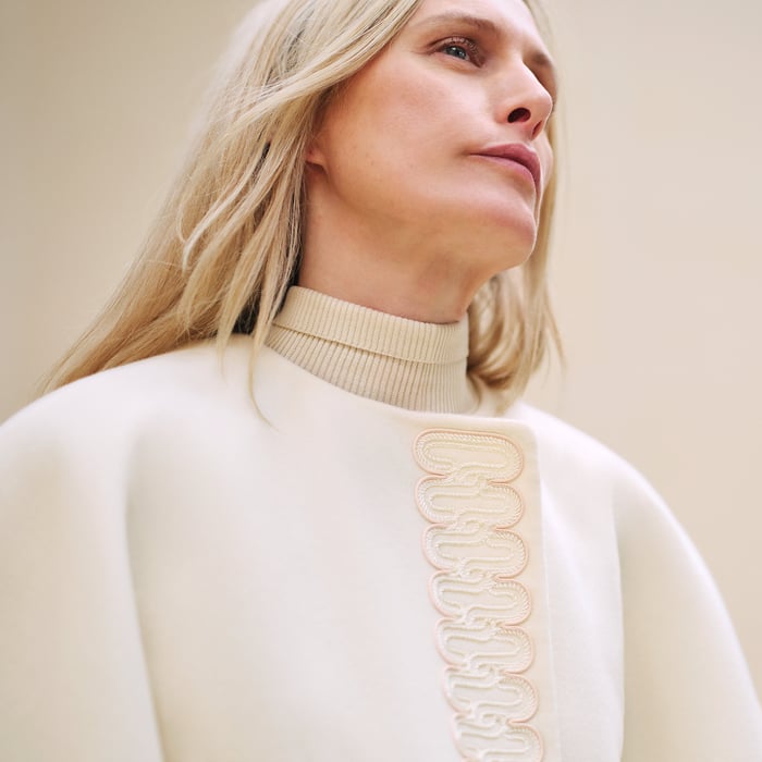 Blanc Naturel Embroidered Cashmere Long Poncho Vest